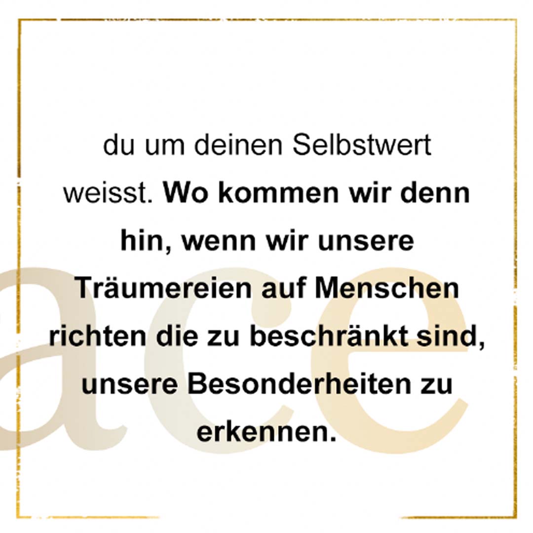 du um deinen Selbstwert weisst. Wo kommen wir denn hin, wenn wir unsere Träumereien auf Menschen richten die zu beschränkt sind, unsere Besonderheiten zu erkennen.
